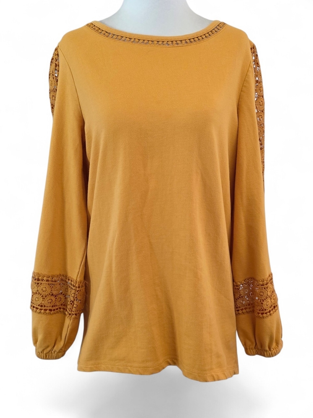 Hannah Women's Mustard Crochet-Trim Long Sleeve Top